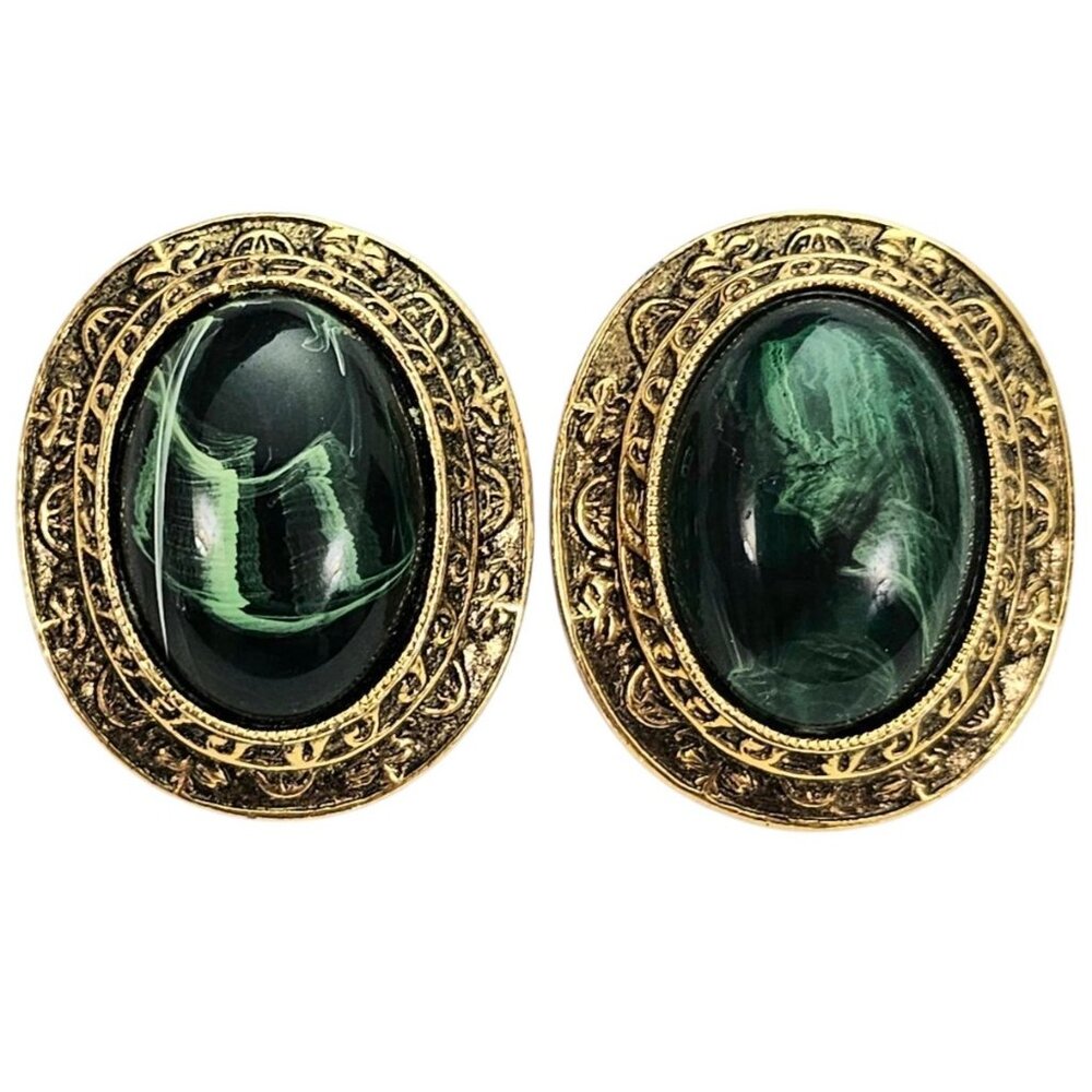 1928 Brand Gold Tone Green Oval Lucite Clip On Earrings